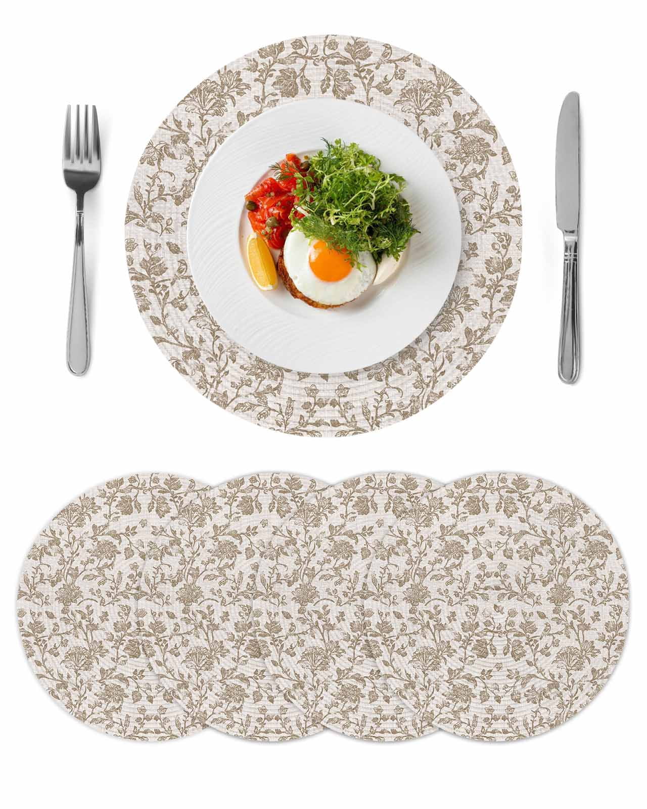 Farmhouse Khaki Round 15 Inch Placemats Set of 4, Vintage Flower Leaf Botanical Plant HeatResistant Non Slip Place Mats for Dining Table, Wipeable Braided Kitchen Table Mats for Housewarming