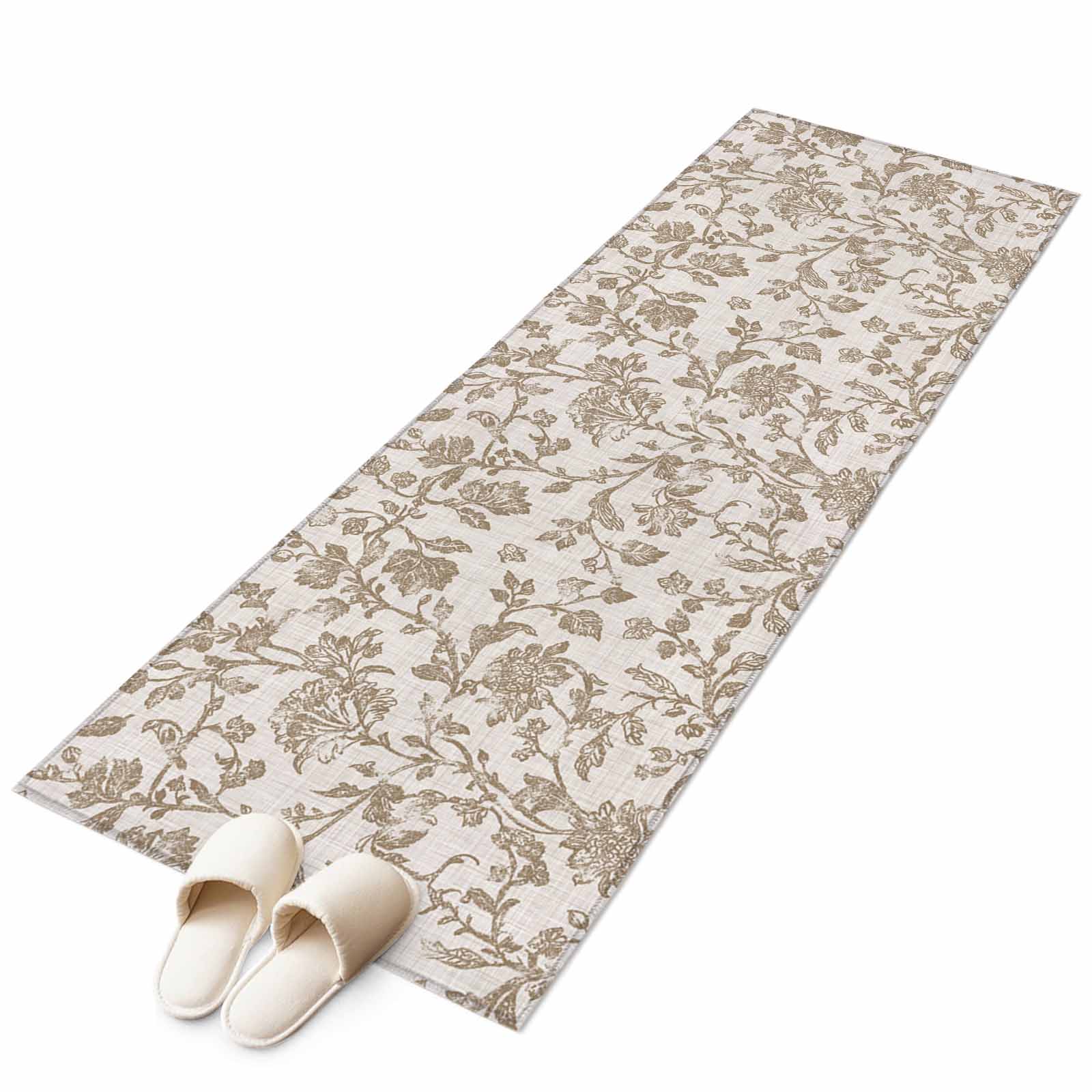 Farmhouse Khaki Runner Rug 2x6 FT, Non Slip Hallway Carpet, Vintage Flower Leaf Botanical Plant Washable Soft Floor Carpet Throw Runner Carpet Long Rug for Entryway Kitchen Bedside Sliding Door