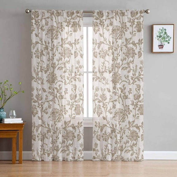 Farmhouse Khaki Semi Sheer Curtains 72 Inch Length 2 Panels Set, Vintage Flower Leaf Botanical Plant Sheer Kitchen Curtain Privacy Voile Window Curtain for Living Room Bedroom Rod Pocket Drapes