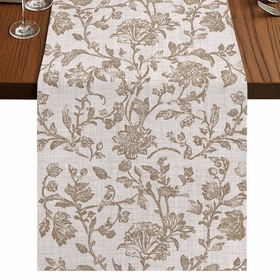 Farmhouse Khaki Short Table Runner 36 Inches Long,Vintage Flower Leaf Botanical Plant Cotton Linen Table Runners Dresser Scarves,Tabletop Scarf Furniture Cover for Home Dinner Party Decor 13"x36"