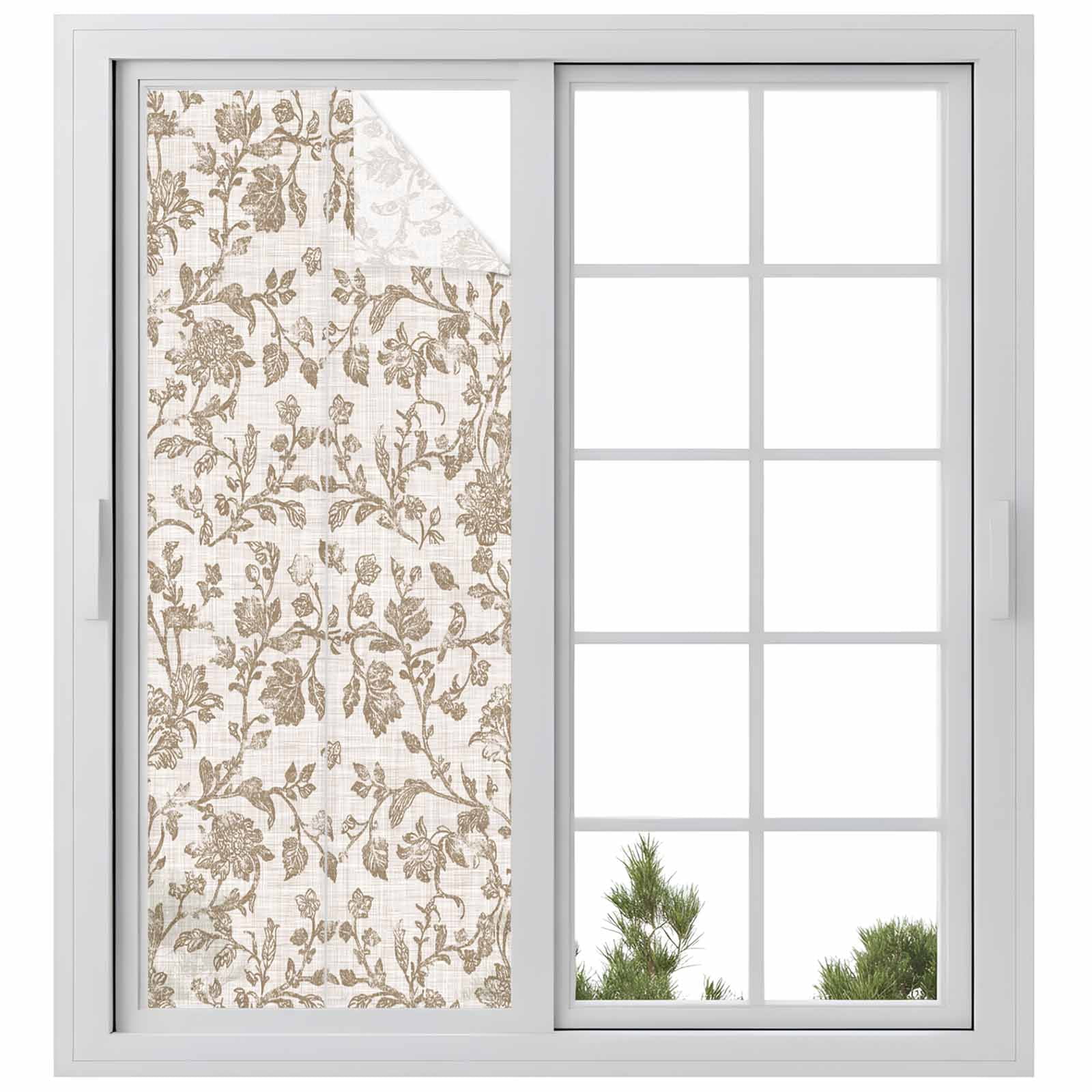 Farmhouse Khaki Window Privacy Film, Vintage Flower Leaf Botanical ...