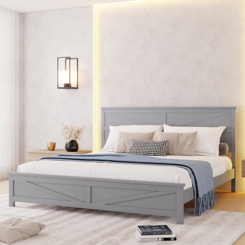 Farmhouse King Bed with Barn Door Headboard & Footboard, Solid Pine Construction, Reinforced Frame, 8.1" Under-Bed Storage, No Box Spring Needed, Grey