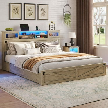 Farmhouse King Bed Frame with LED Lights and Charging Station, King Size Platform Bed Frame with Storage Headboard and 2 Drawers, No Box Spring Needed, Gray
