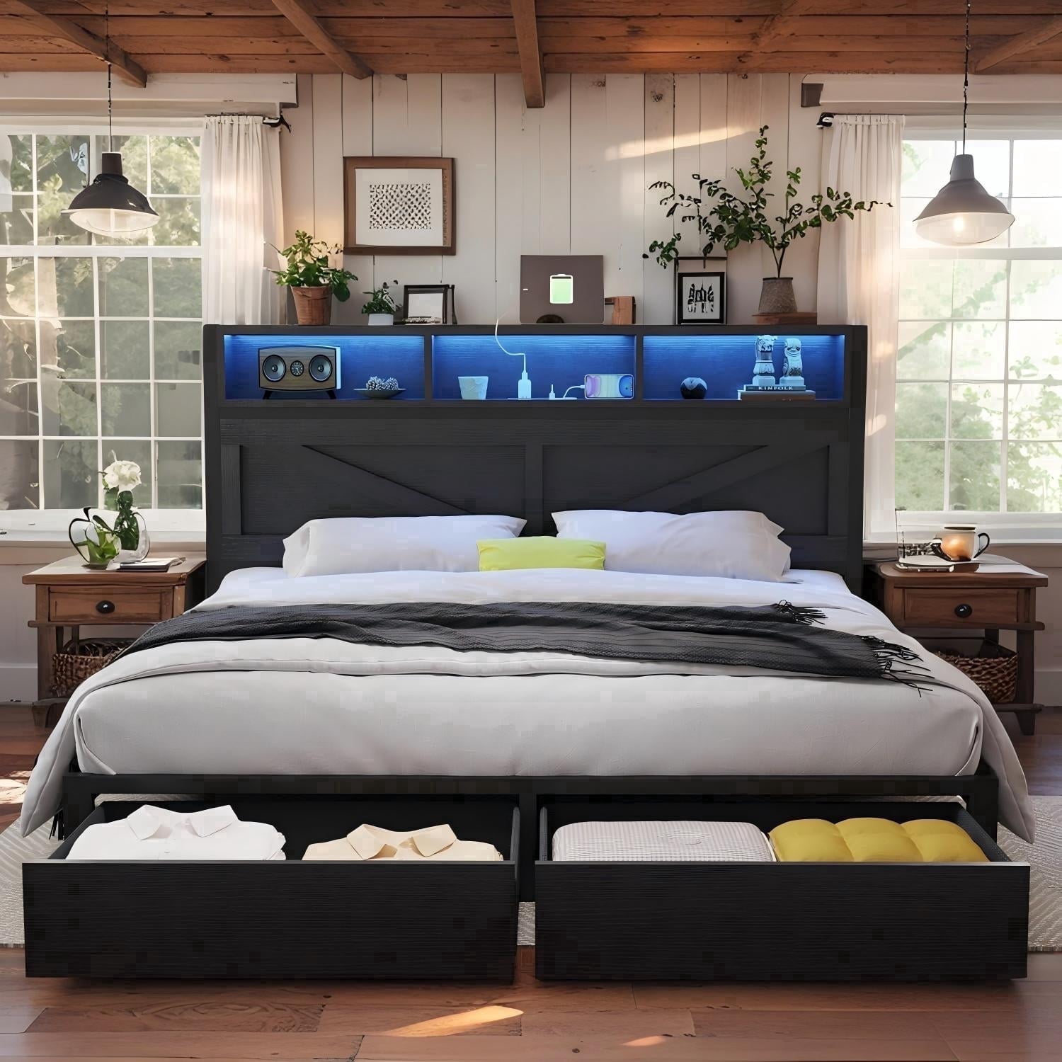 NHIXSOM Farmhouse King Bed Frame with LED Headboard, Charging Station and Storage Drawers, Farmhouse Style, Easy Assembly, Black