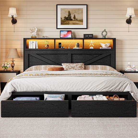 NHIXSOM Farmhouse King Bed Frame with LED Headboard, Charging Station and Storage Drawers, Farmhouse Style, Easy Assembly, Black