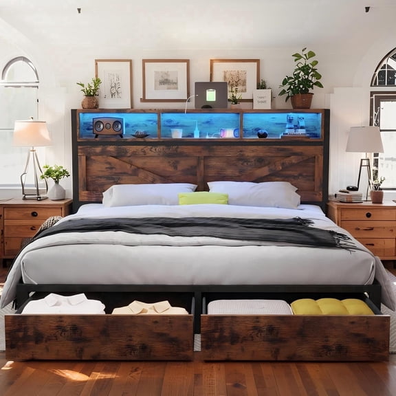NHIXSOM Farmhouse King Bed Frame with LED Headboard, Charging Station and Storage Drawers, Farmhouse Style, Easy Assembly, Brown