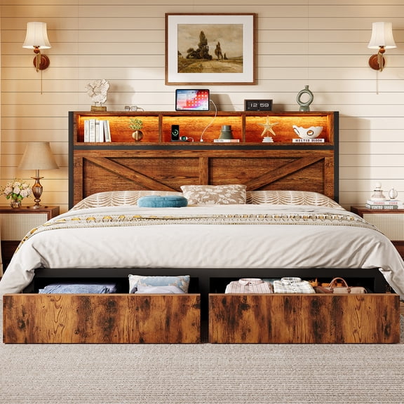 NHIXSOM Farmhouse King Bed Frame with LED Headboard, Charging Station and Storage Drawers, Farmhouse Style, Easy Assembly, Brown