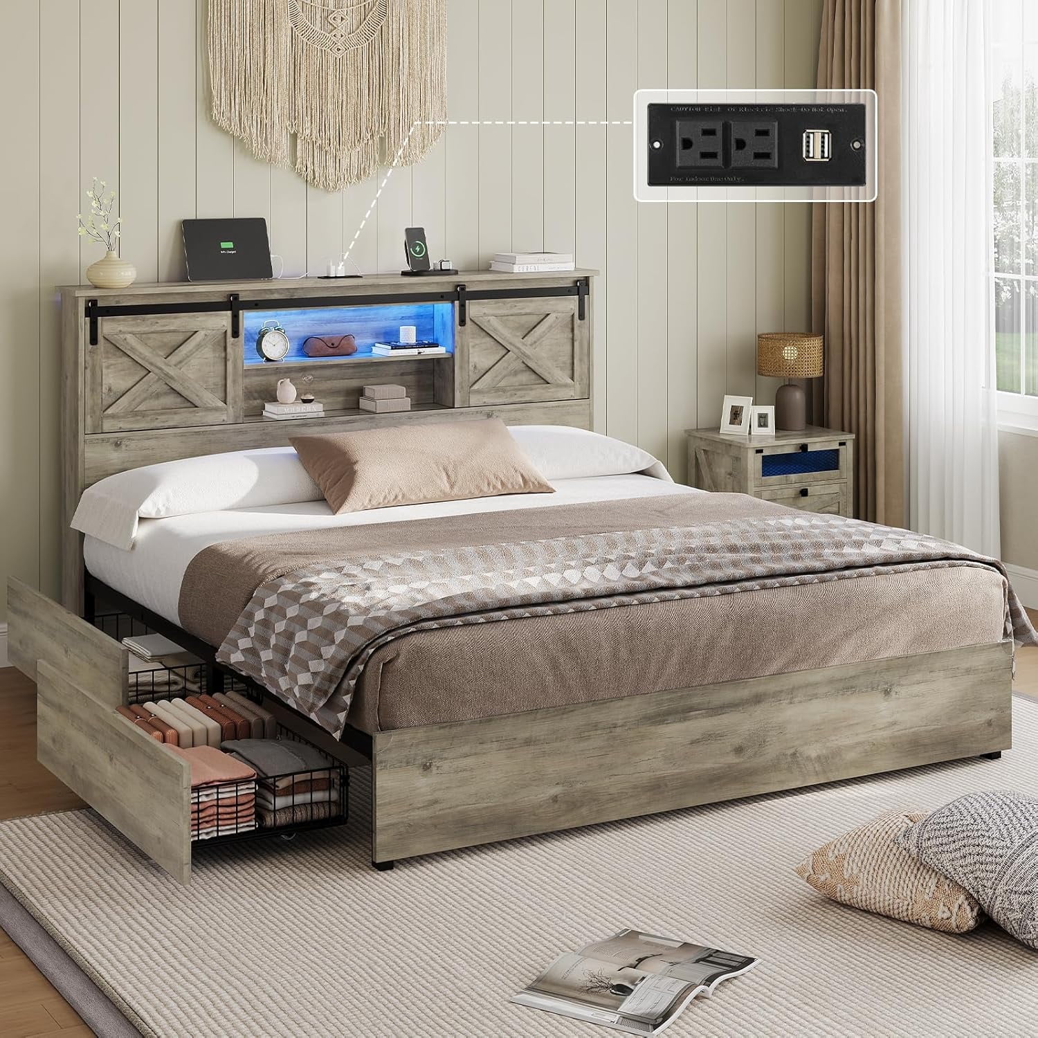 Farmhouse King Size Bed Frame with Charging Station & LED Lights,Wooden Platform King Beds with 4 Storage Drawers,Storage Headboard and Sliding Barn Door,Gray