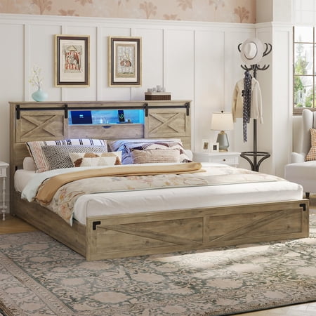 Farmhouse King Size Bed Frame with LED Lights, Charging Station, Wooden King Bed with Storage Bookcase Headboard, 2 Drawers, Country Rustic Bed Frame with Sliding Barn Door,Gray