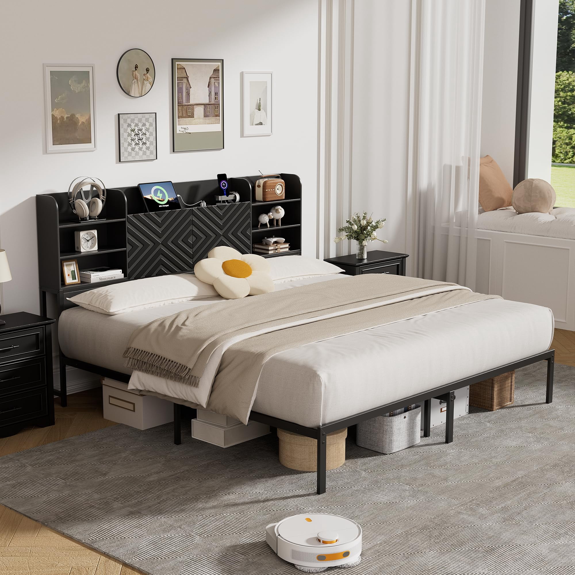 Farmhouse King Size Bed Frame with Move Storage Headboard & 2 Drawers, Platform Bed Frame with 3-in-1 Charging Station, Upholstered Bed Frames with Metal Slats Support