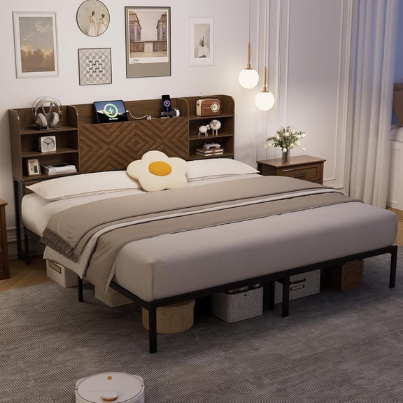 Farmhouse King Size Bed Frame with Move Storage Headboard & 2 Drawers, Platform Bed Frame with 3-in-1 Charging Station, Upholstered Bed Frames with Metal Slats Support