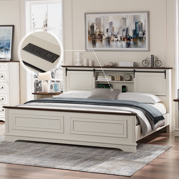 Farmhouse King Size Bed Frame with Storage Bookcase Headboard, Wood Platform Bed Frame w/Charging Station, Bracket Footboard, 2 Large Sliding Barn Doors, No Box Spring Needed - Antique White