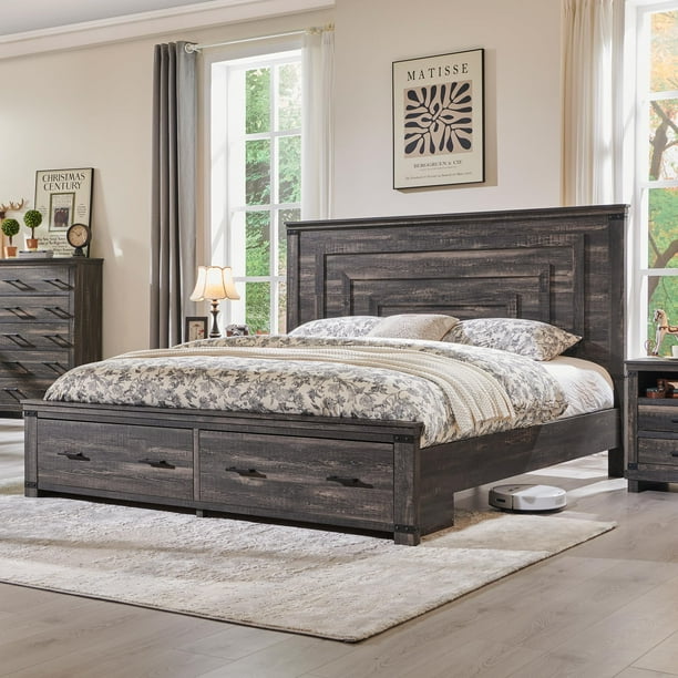 OKD Farmhouse King Size Bed Frame w 54 inch Tall Geometric Headboard Rustic Wood Platform Bed w 2 Large Storage Drawers Wood Slats Support Noise