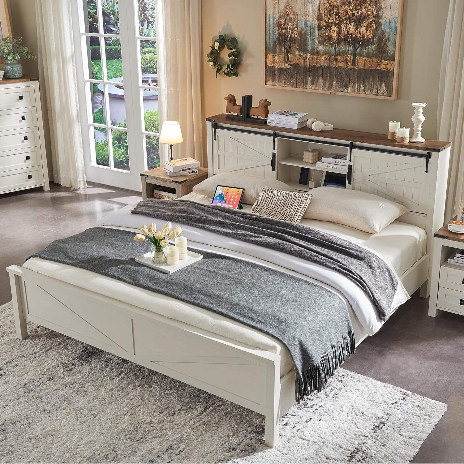 Farmhouse King Size Bed Frame with Bookcase Headboard, Sliding Barn ...