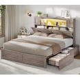 thumbnail image 1 of Farmhouse Queen Size Bed Frame with Bookcase Headboard, Wood Platform Bed with LED Lights & 4 Drawers, No Box Spring Needed, Grey, 1 of 6