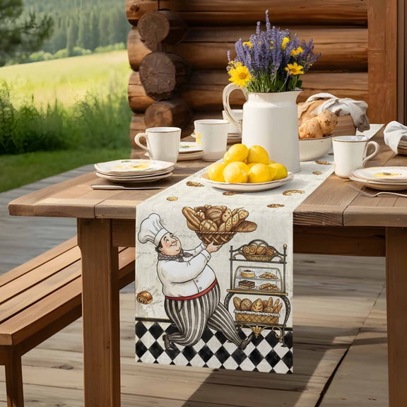 Farmhouse Kitchen Baker Bread Table Runner 13x36in Non-Slip Cotton Linen Table Runners, Vintage Black Plaid Dresser Scarves TableRunner for Dinner Kitchen Dining Wedding Party