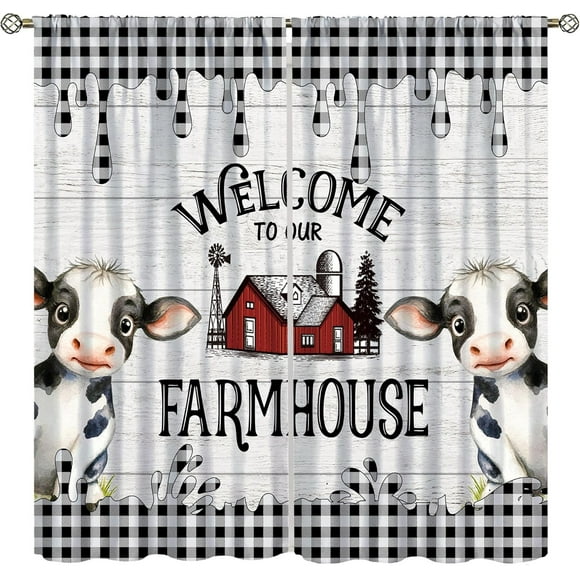 Farmhouse Kitchen Blackout Curtains Country Cow Decor Black and White Buffalo Check Cute Calf Western Rustic Wooden Living Room Bedroom Window Drapes Fabric 2 Panel-42"W x 45"L (Pack of 2)