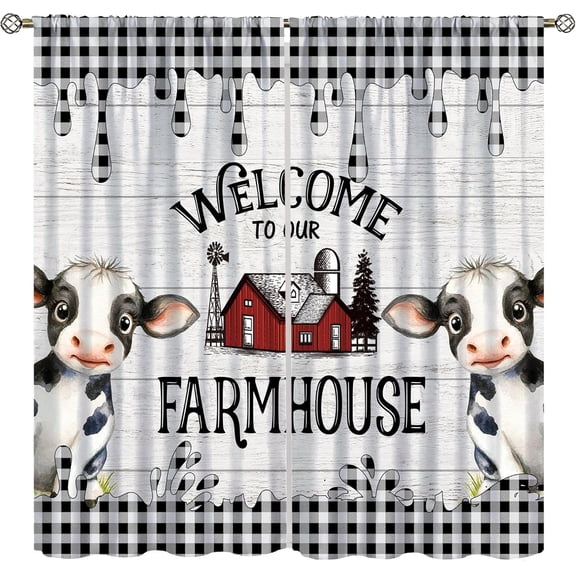Farmhouse Kitchen Blackout Curtains Country Cow Decor Black and White Buffalo Check Cute Calf Western Rustic Wooden Living Room Bedroom Window Drapes Fabric 2 Panel-42"W x 45"L (Pack of 2)