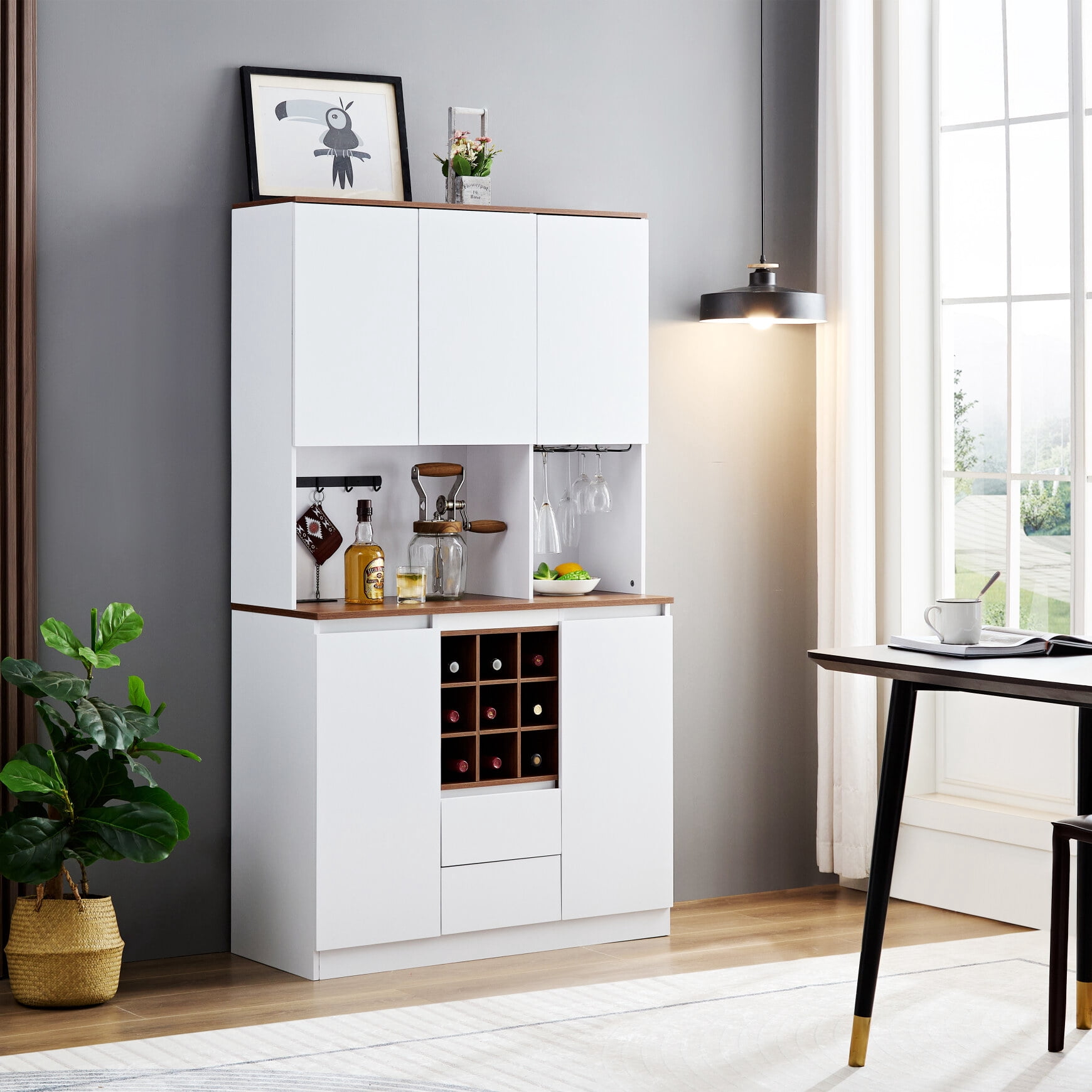 Farmhouse Kitchen Cabinet with Wine Storage & Liquor Display, Ample ...