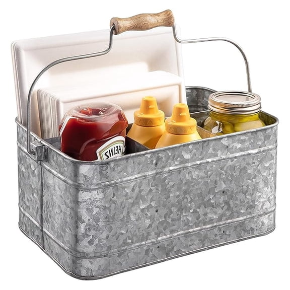 Farmhouse Kitchen Caddy Organizer with Handle - Galvanized Steel, 13 x 8.25 - Condiment, Cleaning Supply & Party Accessory Holder - Rustic Home Decor