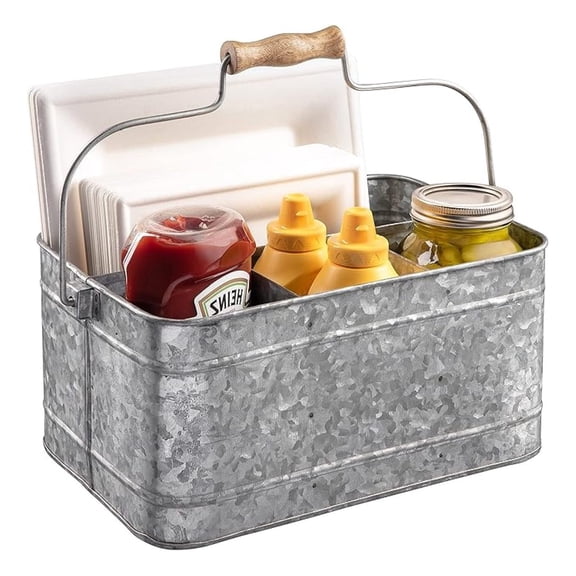 Farmhouse Kitchen Caddy Organizer with Handle for Condiments, Cleaning Products, and Party Supplies, Rustic Galvanized Steel, 13 x 8 1/4