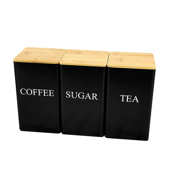 Farmhouse Kitchen Canister Set of 3-Vintage Metal Coffee Tea Sugar Containers with Lids,Food Storage Jars for Countertop,Pantry Organization Canisters Set for Dry Goods,Coffee,Tea&Baking Supplies