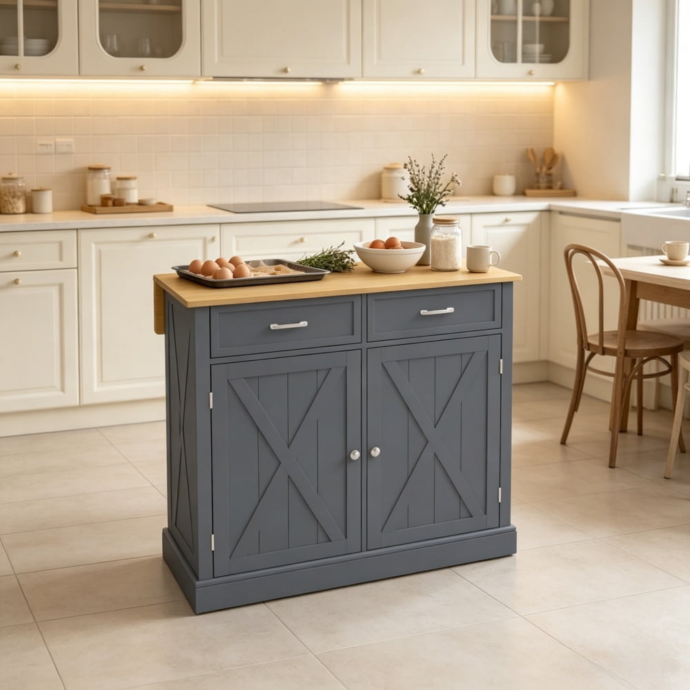 Farmhouse Kitchen Cart, Rolling Island with Drop Leaf Wood Breakfast Bar, 2 Drawers & Adjustable Shelves, Dark Gray