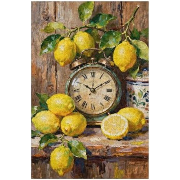 Farmhouse Kitchen Clock with Lemons Oil 1000 Piece Jigsaw Puzzle for Adults, Rustic Kitchen Decor, Fun and Challenging Family Activity Puzzle Game, 30x20 in