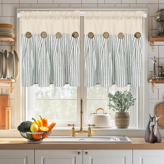 Farmhouse Kitchen Curtains 24 Inch, Cotton Linen Cafe Curtains with Rustic Buttons, Boho Small Window Curtains for Bathroom, Green Stripe Half Window Drapes Over Sink, 2 Panels