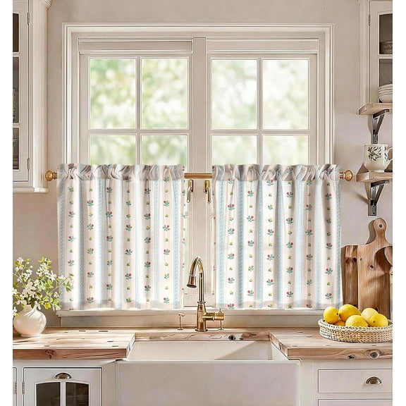 Farmhouse Kitchen Curtains - 24 Inch Length Linen Blend Blue Floral Kitchen Window Tier Curtains Boho Striped Cafe Drapes Rod Pocket for Windows Light Filtering, 2 Panels