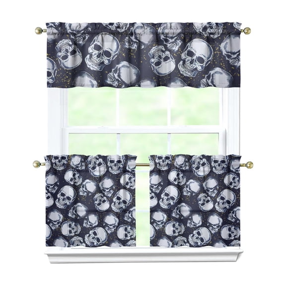 Farmhouse Kitchen Curtains 3 PC Set - Mexican Day of Dead Theme with Roses, Snakes & Moon Print, Semi-Sheer Gothic Valance & Tier Panels, Aesthetic Rod Pocket Window Drapes