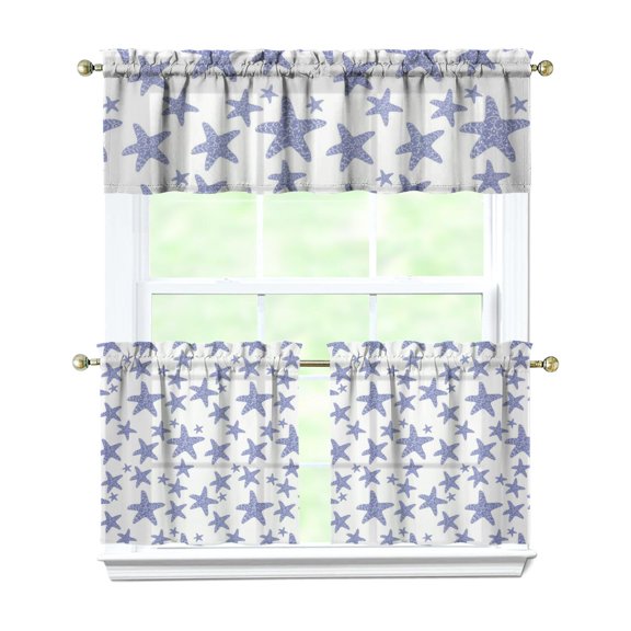 Farmhouse Kitchen Curtains 3 Piece Set - Anchor & Fish Design, White Semi-Sheer Tier Curtains with Rod Pocket, Coastal Summer Decor for Small Windows 54x18 + 27.5x24 Inch