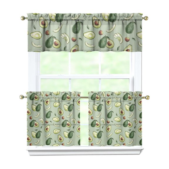 Farmhouse Kitchen Curtains 3-Piece Set - Avocado Art Print Green Healthy Design Tier & Valance with Rod Pocket, Caf Window Treatment Panels
