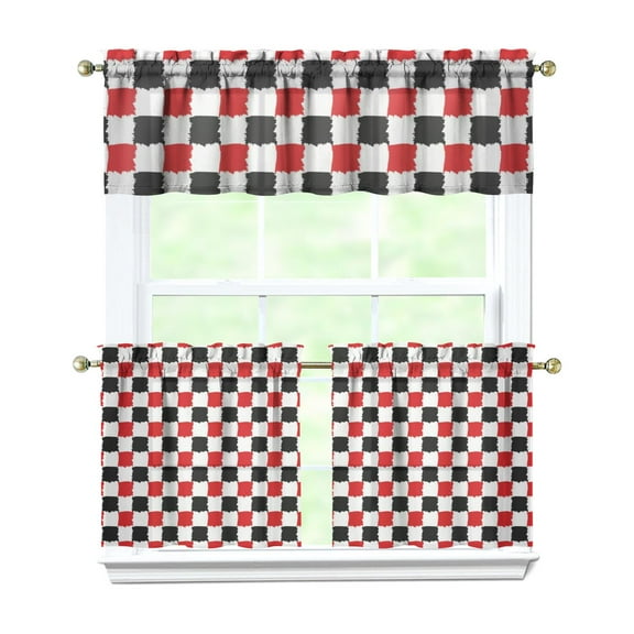 Farmhouse Kitchen Curtains 3 Piece Set - Classic Red and Black Buffalo Plaid, 54x18" Valance + 27.5x24" Tier Panels, Semi-Sheer Rod Pocket Short Curtains