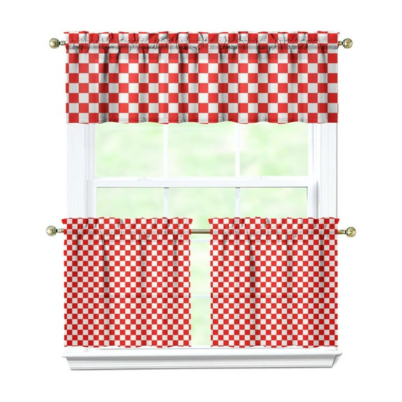 Farmhouse Kitchen Curtains 3 Piece Set - Classic Red and Black Buffalo Plaid, 54x18" Valance + 27.5x24" Tier Panels, Semi-Sheer Rod Pocket Short Curtains