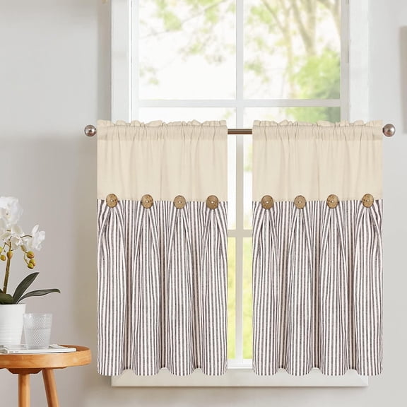 Farmhouse Kitchen Curtains 36 Inch, Cotton Linen Cafe Curtains with Rustic Buttons, Boho Small Window Curtains for Bathroom, Brown Stripe Half Window Drapes Over Sink, 2 Panels