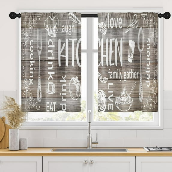 Farmhouse Kitchen Curtains 36 Inch Length Country Brown Wooden Window Short Tier Curtains Over Sink Set of 2, White Doodle Rustic Vintage Small Kitchen Decor