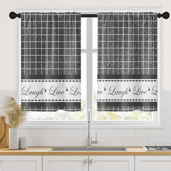 Farmhouse Kitchen Curtains 36 Inch Length Grey White Window Curtains Over Sink Set of 2, Modern Short Tier Curtain for Kitchen, Abstract Geometric Art Small Kitchen Decor