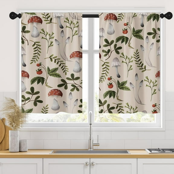 Farmhouse Kitchen Curtains 36 Inch Length Mushrooms Window Short Tier Curtains Over Sink Set of 2, Berries and Leaves Vintage Small Kitchen Decor