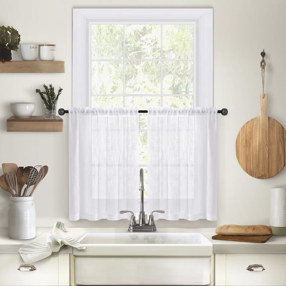 Farmhouse Kitchen Curtains 36 Inch Length Set of 2 Panels Short Linen Textured Boho Cafe Curtain Tiers Semi Sheer Small Curtains for Bathroom Windows RV Trailers White