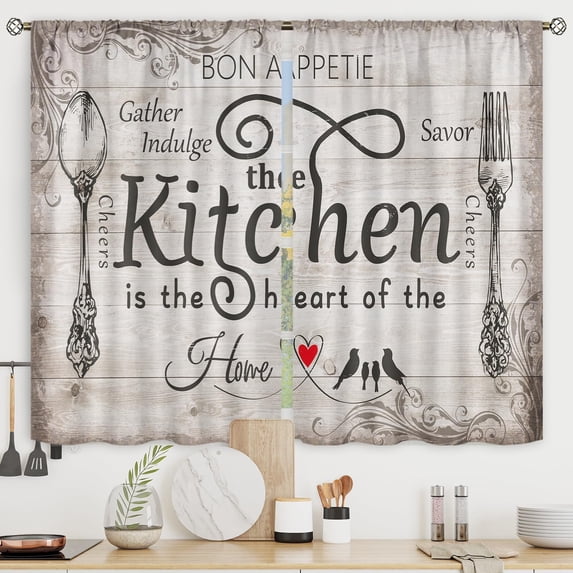 Farmhouse Kitchen Curtains Country Rustic Short Small Retro Vintage Wood Fork and Spoon Rod Pocket Wooden Board Funny Quotes Bedroom Living Room Treatment Fabric 2 Panels 27.5Wx39H Inch