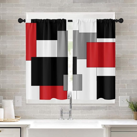Farmhouse Kitchen Curtains Gray and Black Geometry Window Curtains Short Tier Curtains Over Sink, Red Abstract Modern Art Painting Decor Rod Pocket Window Drapes Set of 2 (26x36 Inch)