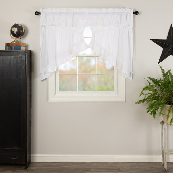 Farmhouse Kitchen Curtains Portico Muslin Ruffled Rod Pocket Prairie Swag Pair