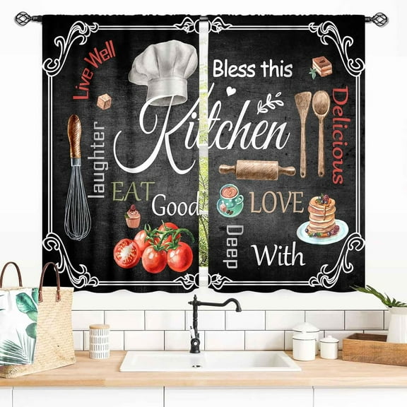 Farmhouse Kitchen Curtains, Rustic Country Fork and Spoon Cook Theme Vintage Cottage Blackout Cafe Living Room Bedroom Window Curtains Drapes 2 Panel Sets