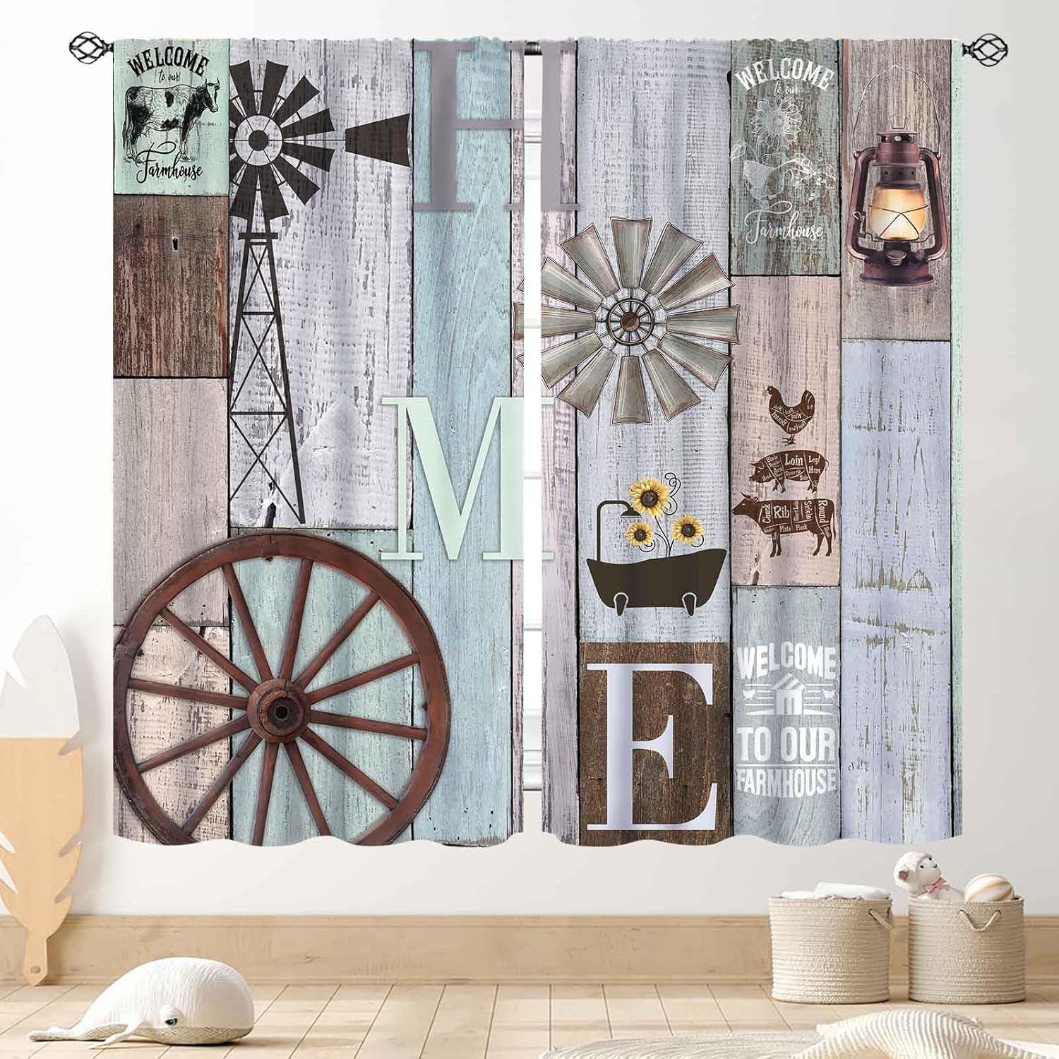 Farmhouse Kitchen Curtains, Rustic Farm Animals Cow Chicken Pig Cabin