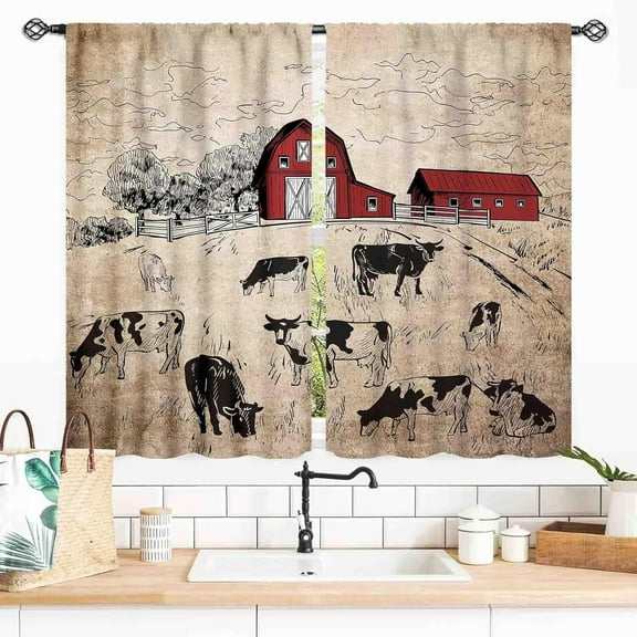 Farmhouse Kitchen Curtains, Rustic Farm Animals Dairy Cattle Cow Barn Country Style Rural Vintage Cattle Blackout Window Treatments Drapery for Bedroom Living Room Bathroom Cafe 2 Panels, 40x28 Inch