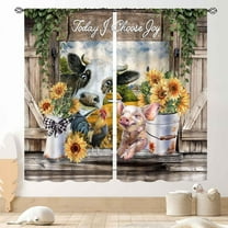 Farmhouse Kitchen Curtains, Rustic Farm Animals Rooster Chicken Pig Cow Sunflower Patterned Rural Country Style Window Curtains for Cafe Bedroom Living Room 2 Panels, 52"x84" Inch