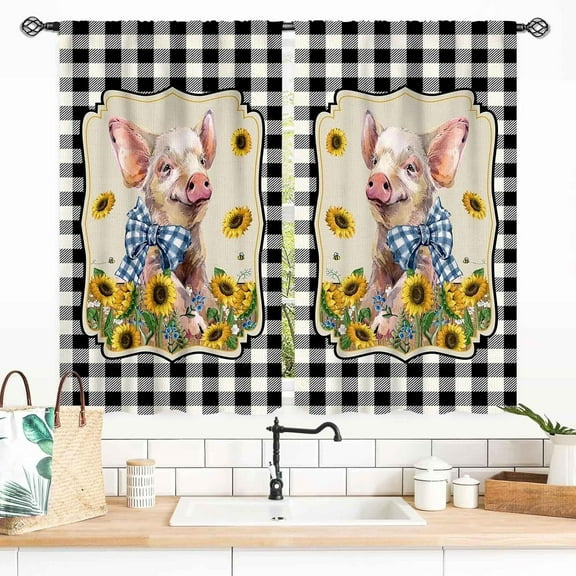 Farmhouse Kitchen Curtains, Rustic Farm Animals Sunflower Pig Checkered Buffalo Printed Retro Rural Country Style Small Short Window Curtains for Cafe Bedroom Living Room 2 Panels, 28x40 Inch
