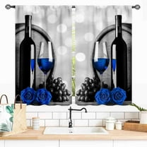 Farmhouse Kitchen Curtains, Rustic Romantic Blue Rose Floral Country Style Grape Wine Glass Retro Vintage Blackout Window Drapery Treatments for Dining Room Bedroom Living Room 2 Panels, 55x39 Inch