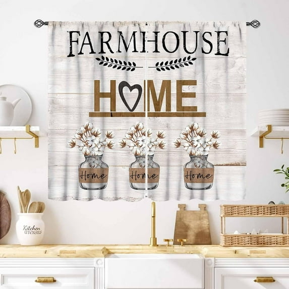 Farmhouse Kitchen Curtains,Rustic Sweet Love Home Vintage Country Retro Wood Plank Cotton Floral Small Short Window Treatment Drape Tier 2 Panels,55X39 Inch